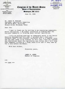Correspondence from Congressman James R. Jones in reply to Dr. James R. Newcomb, 1985-06-18